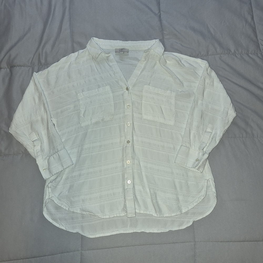 LOFT White Textured Button-Up Blouse Size Large